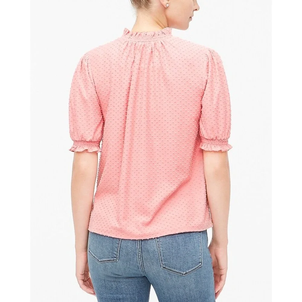 J. Crew Swiss Dot Mock Neck Puff Sleeve‎ Blouse Coral Pink Size S